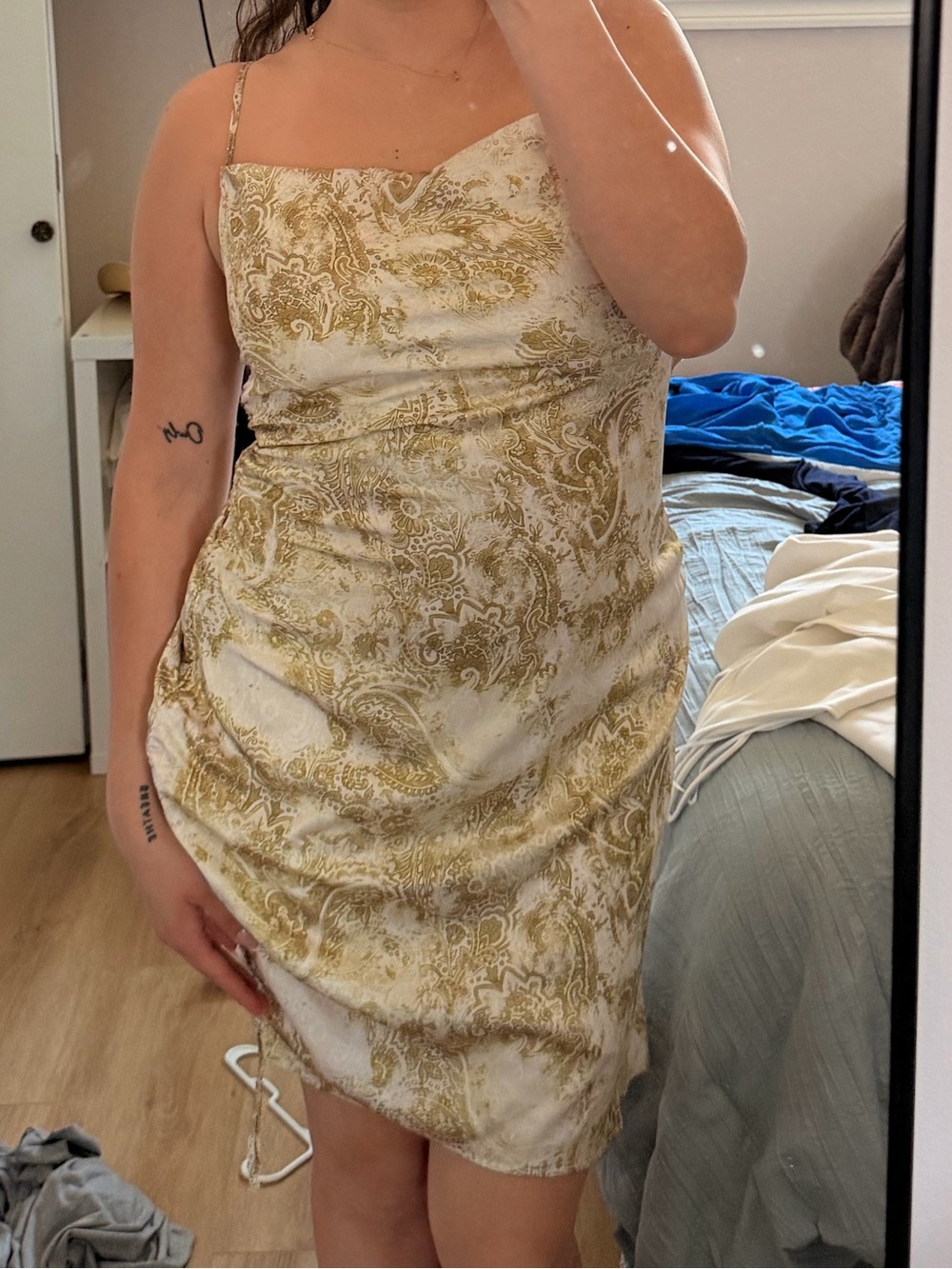 Garage Gold Brocade Mini Dress with Spaghetti Straps